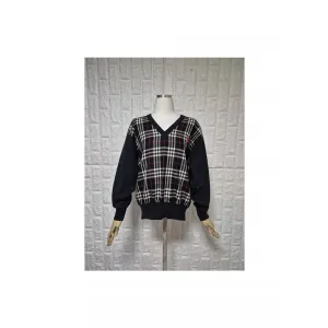 시앤디클럽 일본제 체크 여성 골프 브이넥 니트긴팔티셔츠88